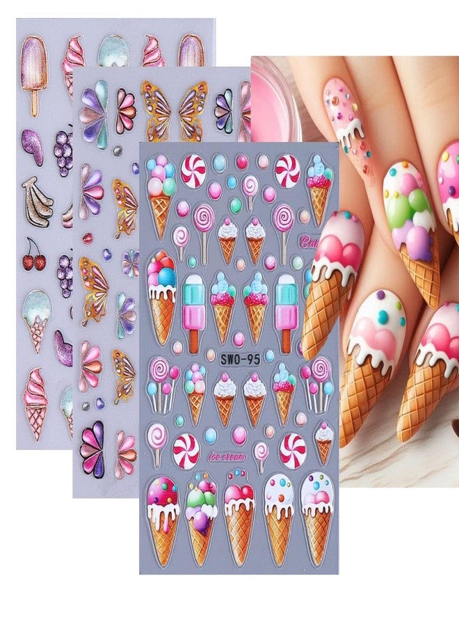Sevgob Summer Nail Art Stickers 5D Embossed Ice Cream Cone Nail Stickers 3D Self-Adhesive Lollipop Nail Decals Gold Butterfly Nail Designs Fruit Flower Nail Art Decoration for Women Girls Manicure 3 Sheets - Image 1